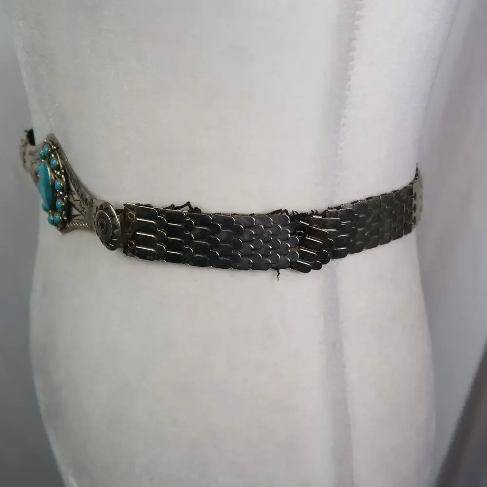Vintage 80s Silver Nickel Metal Stretch Belt Turquoise Gem Buckle Southwestern